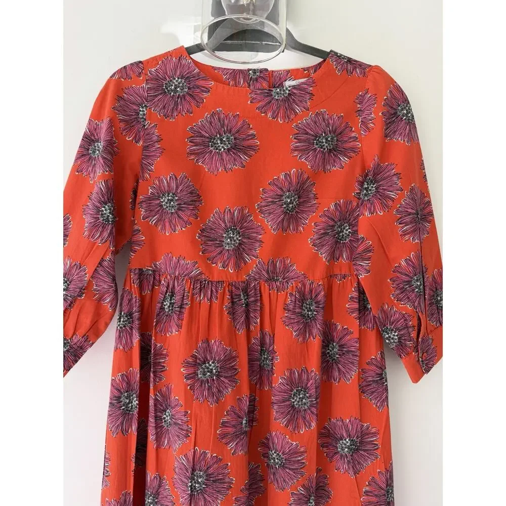 Orange Floral Midi Dress Cottagecore Prairie Empire Waist 3/4 Sleeve Boho S